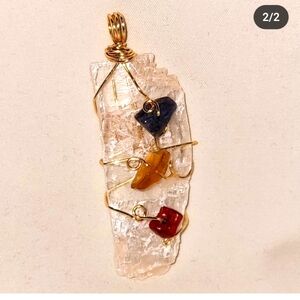 Handcrafted Crystal Selenite Pendant with Gold Wire and Multicolor Stones